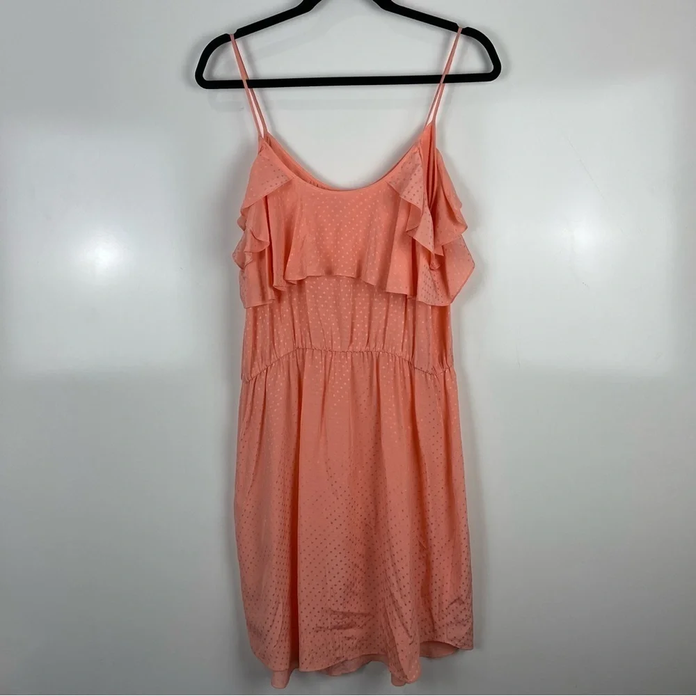 Rebecca Taylor Coral Polka Dot Ruffle Mini Slip Dress 100% Silk Women's Size 12 - Picture 2 of 6